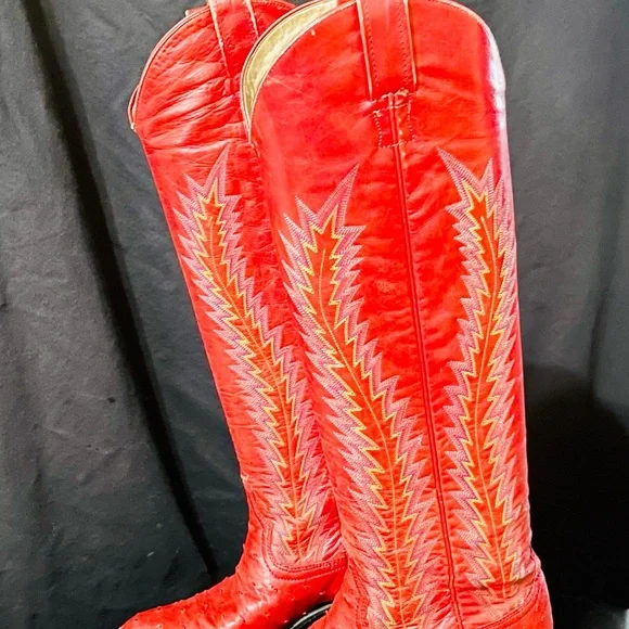 LARRY MAHAN TALL Red Leather and full quill ostrich/leather Women’s Cowboy Boots - Picture 3 of 6